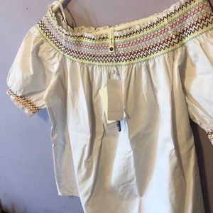 White Linen Blouse, colored embroidered band, and ruffled arm sleeves
